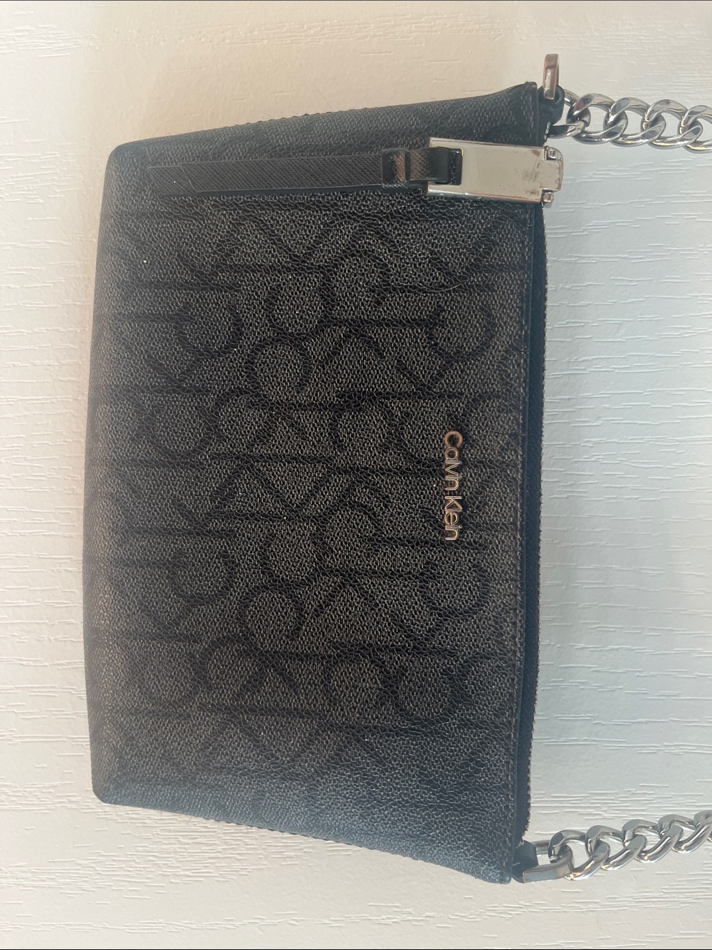 Calvin Klein Black Monogram Crossbody Bag with Silver Chain - Picture 2 of 6